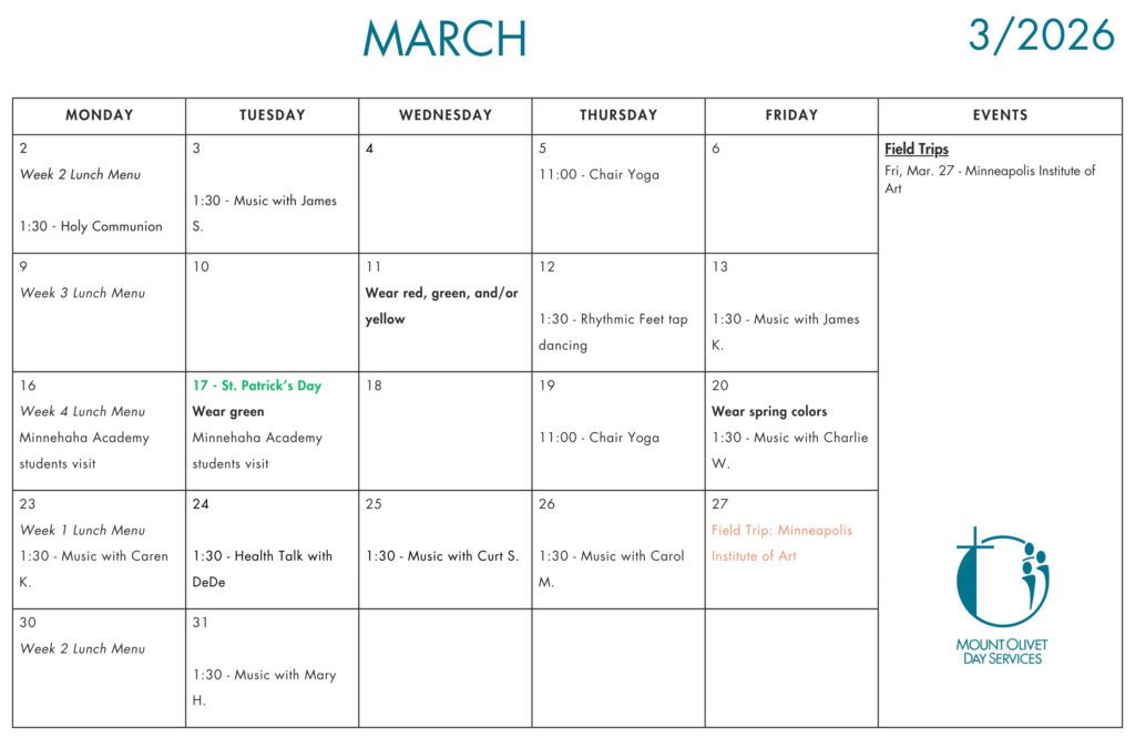 A monthly calendar for March, 2026 showing activities for an adult day care center.