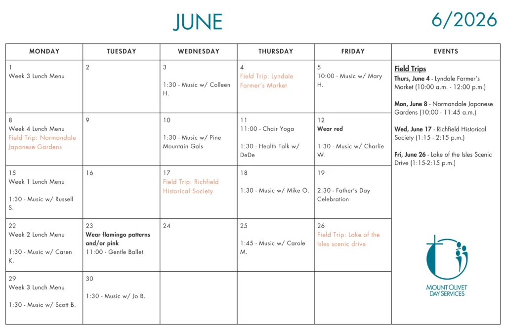 A calendar for June 2026 of an adult day care showing field trip and music events.