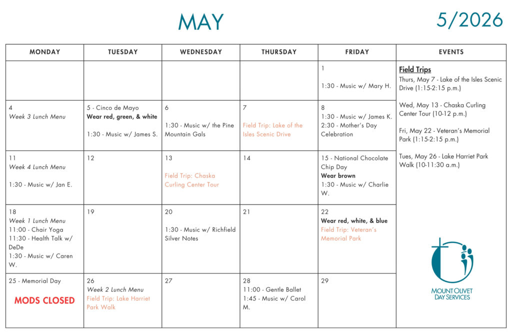 An image of the calendar for May 2026, listing dates and times for live music, field trips, and events.