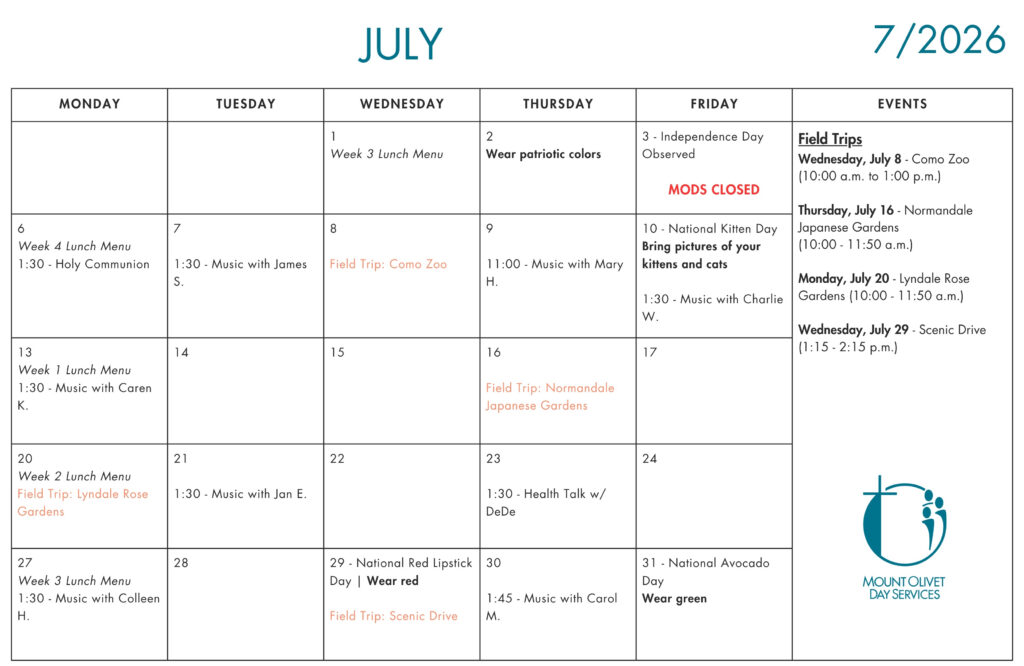 A calendar for an adult day care showing events and the schedule for July 2026.