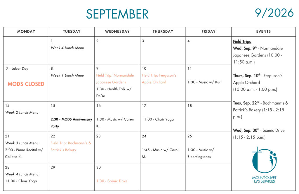 Calendar of September activities and events for a senior day care center.